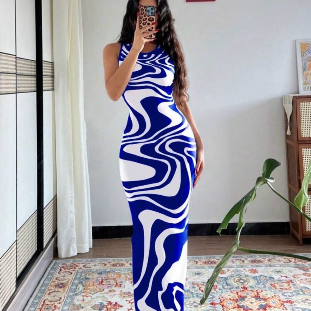 SHEIN Blue and White Abstract Maxi Dress